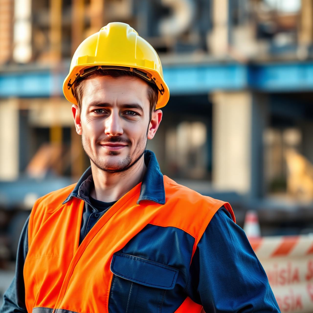 A contractor wearing a hard hat and high-visibility vest on a job site