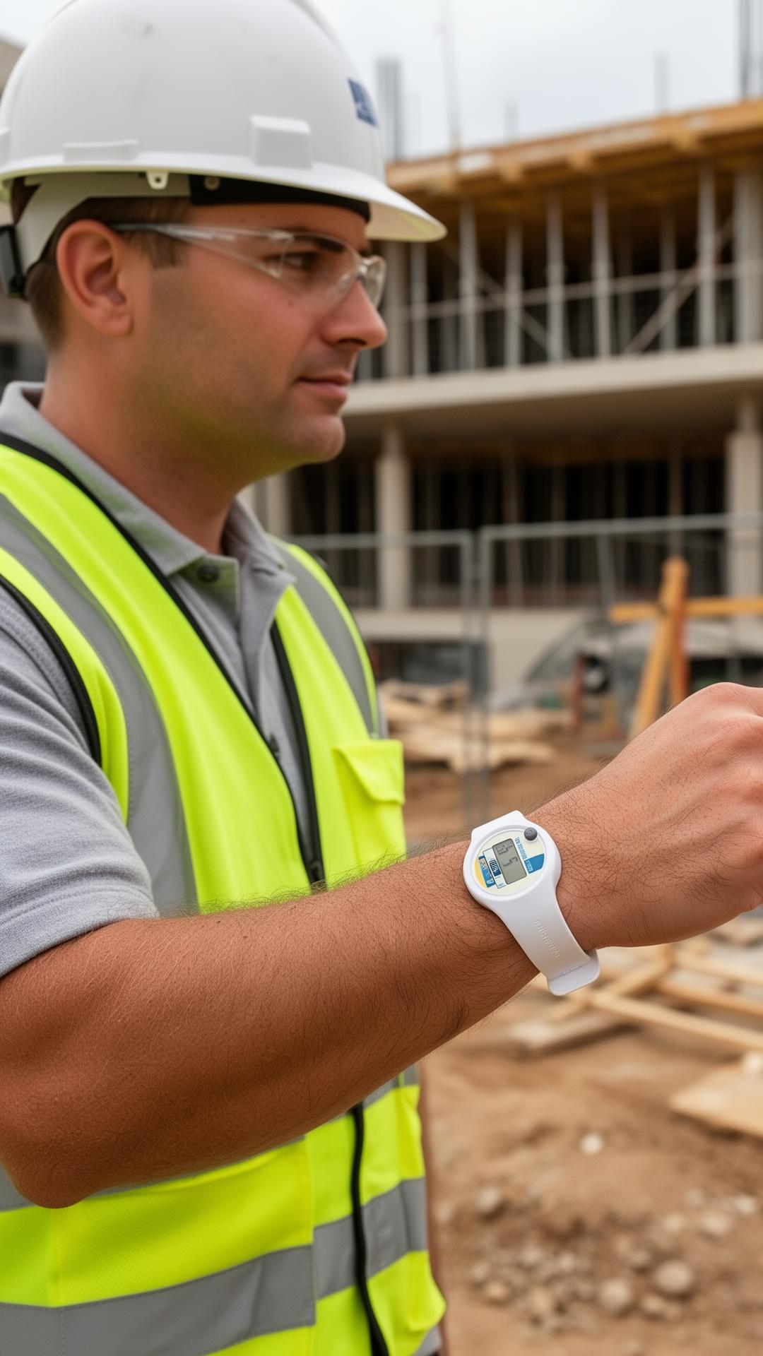 A contractor in a high-visibility vest and hard hat on a New Brunswick job site