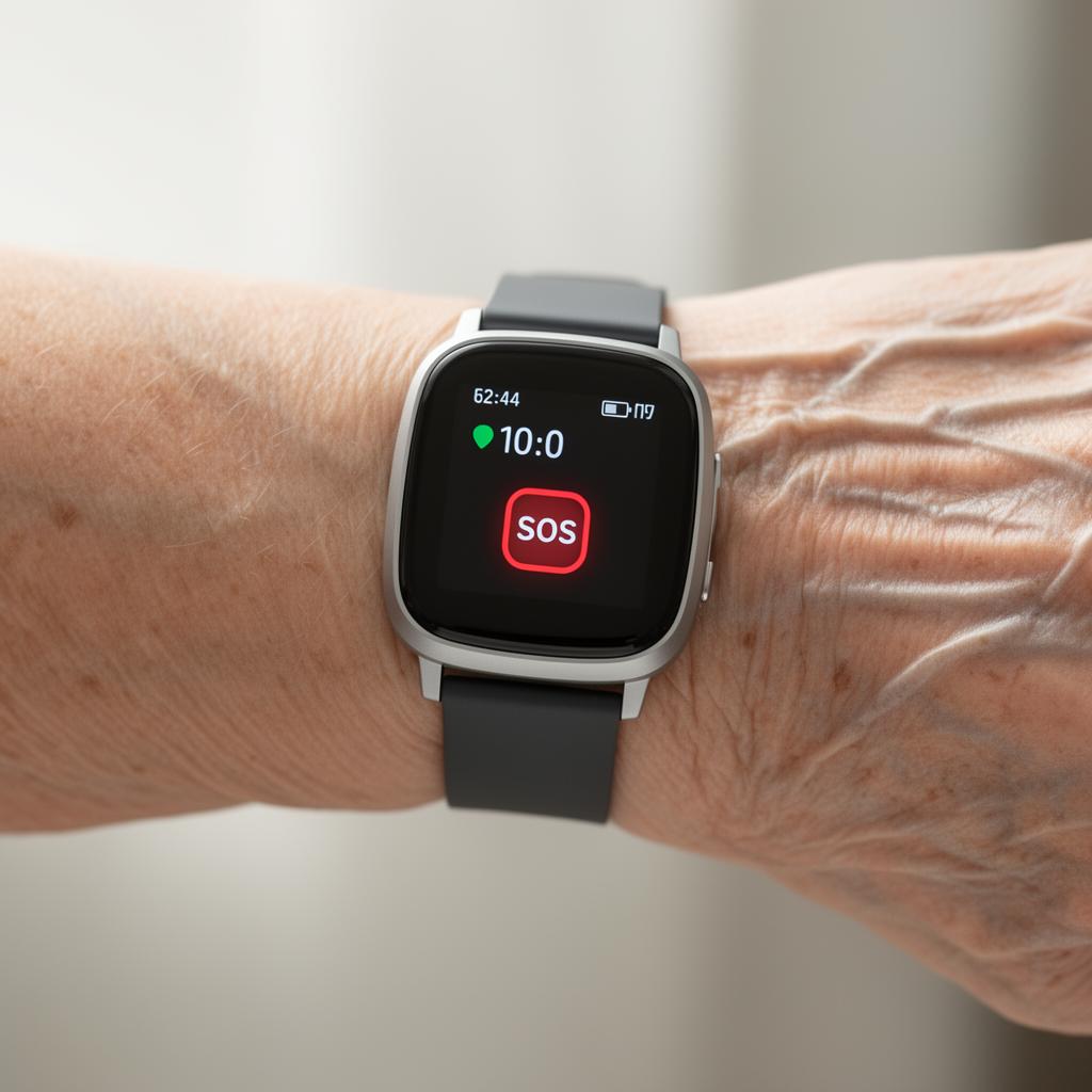 The Care Call bracelet showing the bright red SOS button on the device face